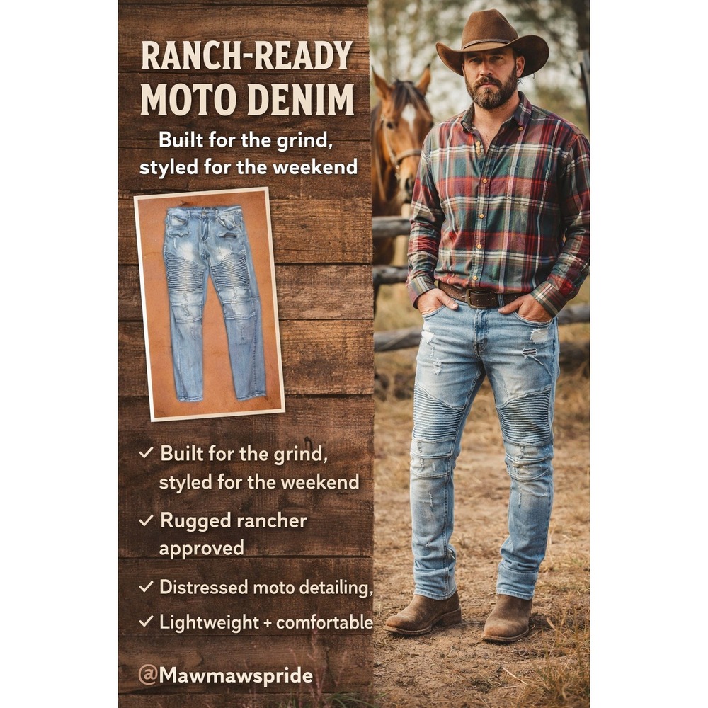 Waimea Weastern Ranch Moto Denim Jeans Light Wash Distressed 34x32 Ribbed Panels